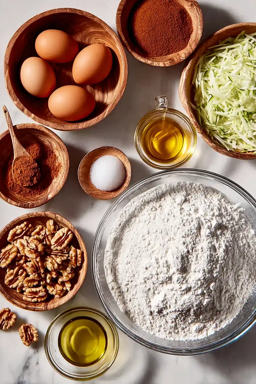 Zucchini Bread Ingredients Prep Zucchini bread ingredients in wooden bowls flat lay