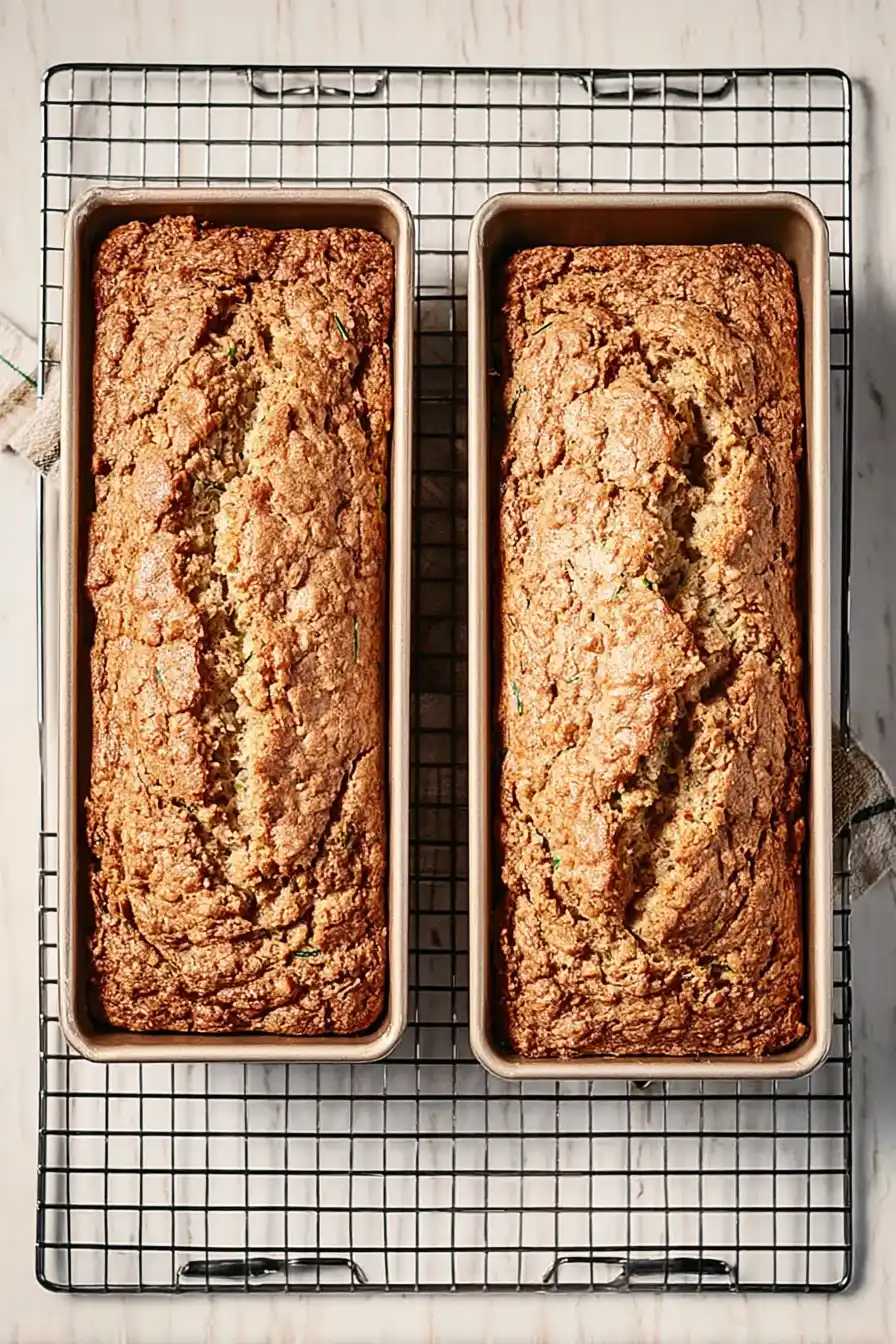Zucchini Bread Just Out of the Oven Two loaves of baked zucchini bread on cooling rack