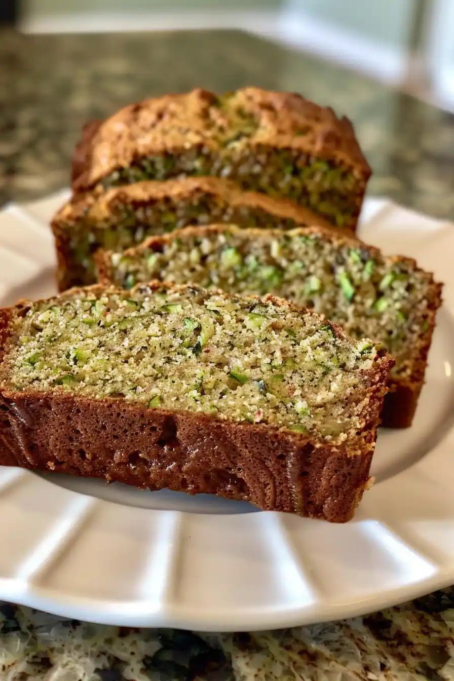 Zucchini Bread Served and Sliced Thick slices of zucchini bread served on a plate