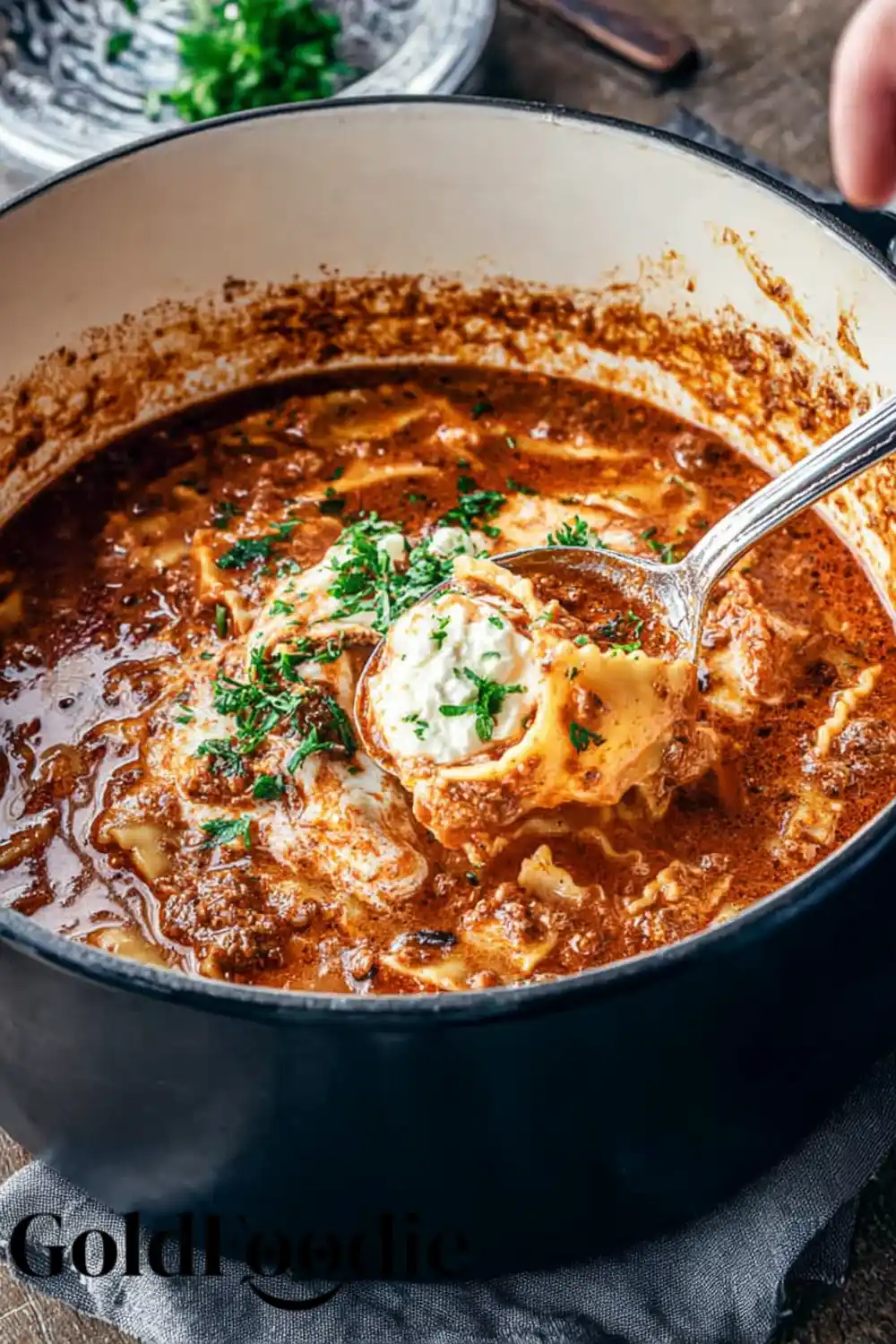 Cheesy Soup Straight from the Pot lasagna soup recipe simmering