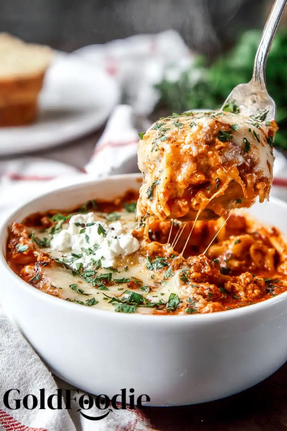 Hearty Lasagna Soup Spoonful Steaming cheesy lasagna soup lifted